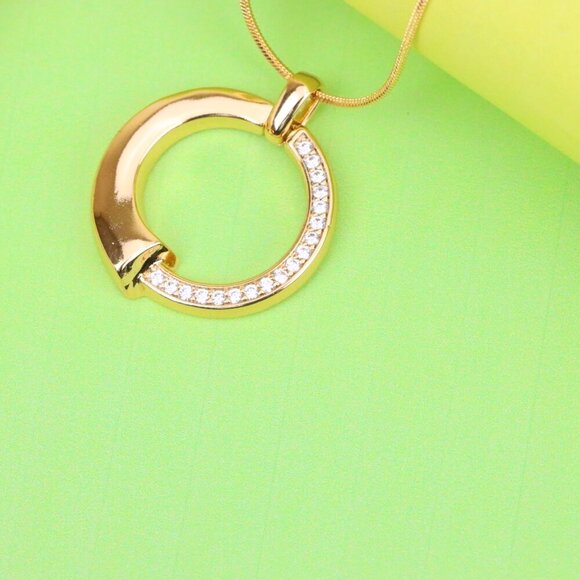 "Modern Rose Gold Circle Pendant with Half Crystal Accent Design, XPPT1256 - Picture 3 of 12